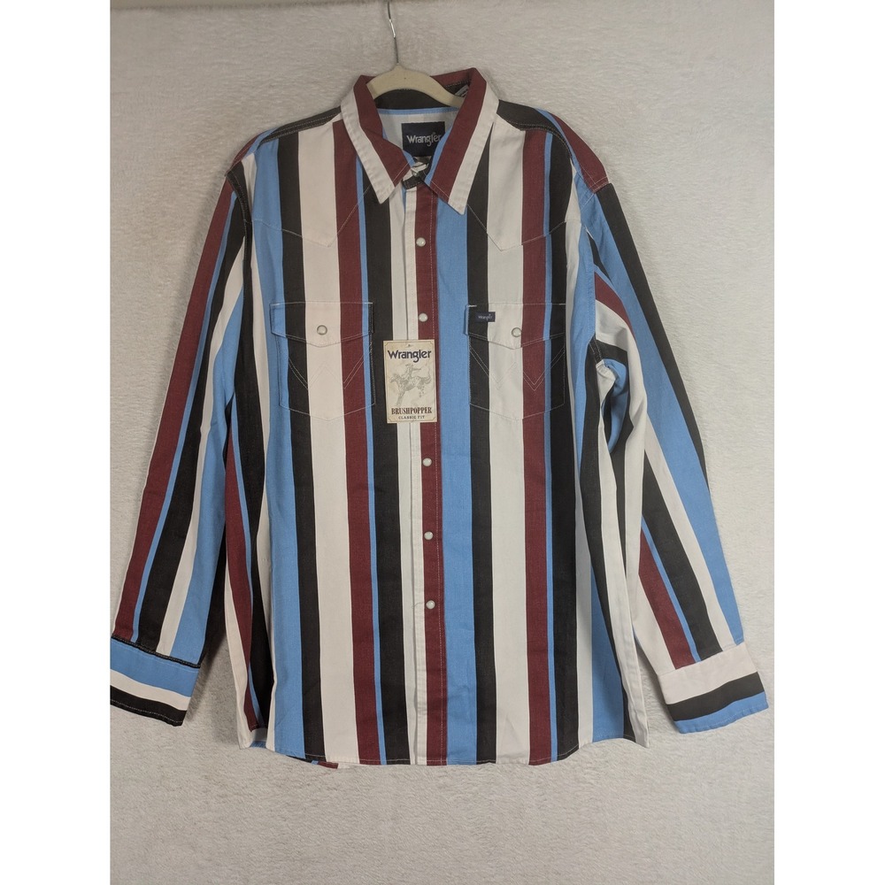 NEW Wrangler Brushpopper Shirt Men's Large Blue Red White Striped Pearl Snap